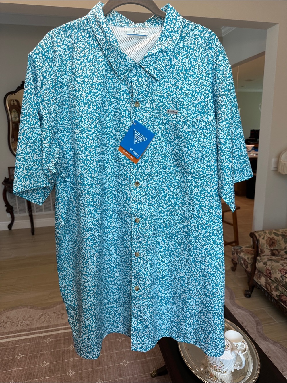 Columbia Men's Teal Short-Sleeve Printed Button-Down Shirt